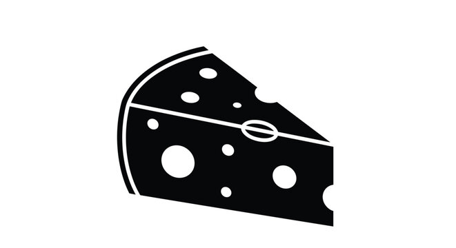 Black and white silhouette of a triangular wedge of Swiss cheese featuring characteristic holes against a stark white background for contrast.