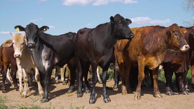 Group of hybrid cows posing for the camera under a clear sky