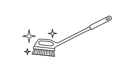 Fototapeta premium Minimalist line drawing of a long handled scrubbing brush with sparkling icons indicating cleanliness and hygiene for household chores.