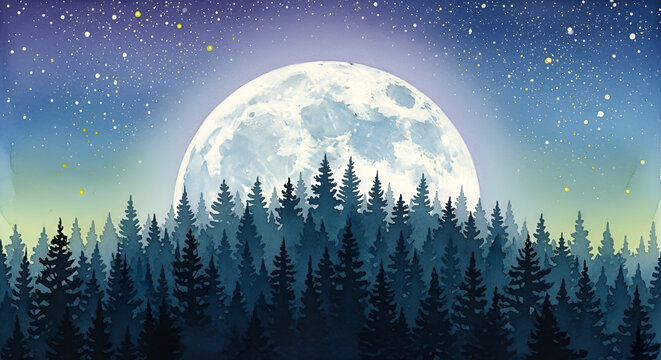 Luna dibujo watercolor night landscape with full moon and forest