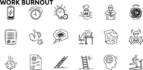 Fototapeta premium Work Burnout Icons Set: Stress, Exhaustion Mental Health Symptoms Line Pictograms