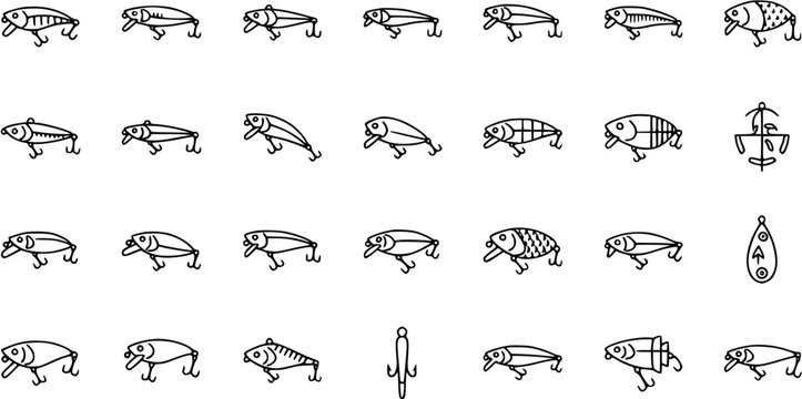 Fishing Lures and Tackle Vector Line Icons Set: Detailed Outline Illustrations of Baits, Hooks, and Fishing Gear for Sports and Hobby.
