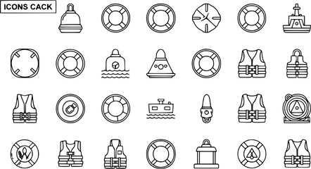Nautical Safety Equipment Icons: Life Buoys, Life Vests, Buoys, and Ships © vectorcorp