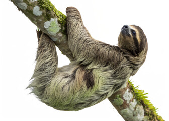 Fototapeta premium Sloth on Branch: Capturing the tranquil essence of the rainforest, a sloth gracefully hangs from a moss-covered branch, embodying the serenity of nature, isolated on a Transparent background