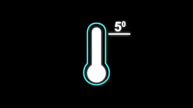 Neon glowing medical thermometer icon animation. That's indicates weather temperature 5 degree increase or decline. Thermometer equipment showing hot or cold weather.