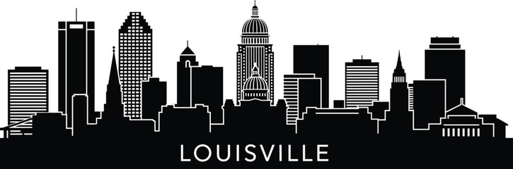 Obraz premium Black and white silhouette illustration of Louisville city skyline featuring iconic buildings and landmarks with bold typography for urban design, travel, and promotional projects