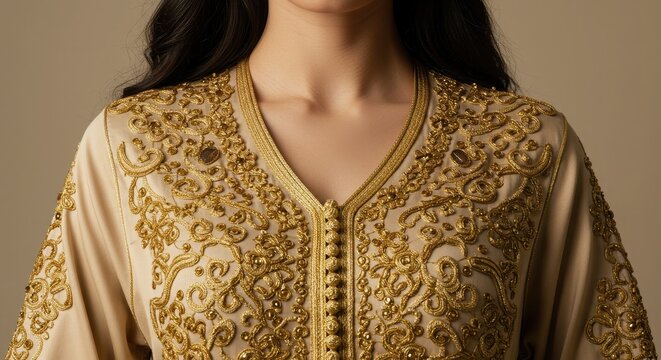 A close up view of a woman wearing a traditional kaftan dress with intricate gold embroidery detail