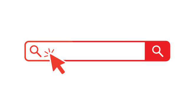 Red search bar with a magnifying glass icon and a clicking cursor represents online information retrieval and digital exploration actions.