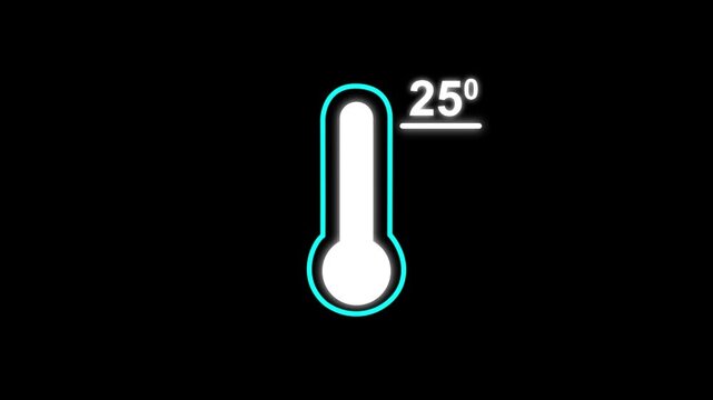 Neon glowing medical thermometer icon animation. That's indicates weather temperature 25 degree increase or decline. Thermometer equipment showing hot or cold weather.
