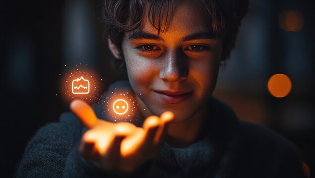 outstretched hand cradling glowing orange digital icons and sparkles against a dark bokeh background, evoking wonder and mystery