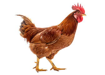 Fototapeta premium Majestic Rooster: A vibrant rooster struts confidently, its plumage a rich tapestry of browns, and its comb a proud crimson, against a clean backdrop, isolated on a Transparent background