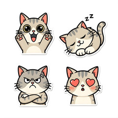 Cute Grey Tabby Cat Sticker Set, Adorable Cartoon Kitten Emojis with Happy Sleeping Angry and Love Expressions Isolated on White