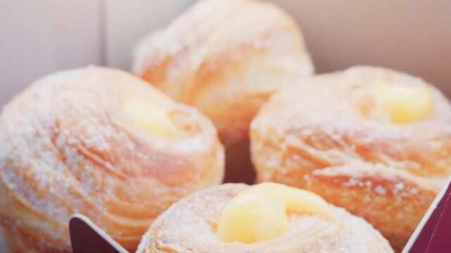 Lemon curd cruffins in bakery box with sugar dusting.  Authentic, Airy Artisanal Pastry Shots
