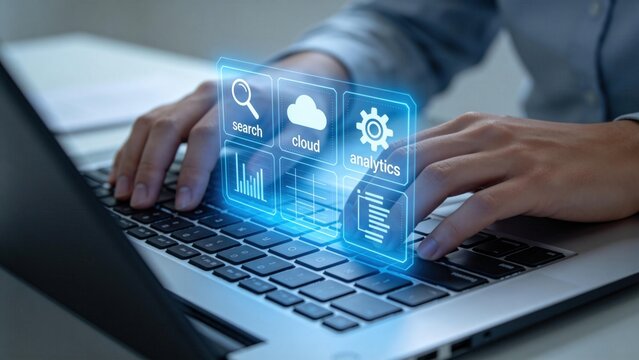 Business professional using laptop with virtual search,cloud and analytics interface hologram,modern data management and digital transformation concept for enterprise technology strategy
