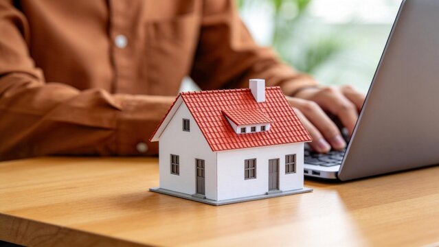 Real estate investment concept with small house model on desk and person typing on laptop,online property search and home buying mortgage planning financial strategy