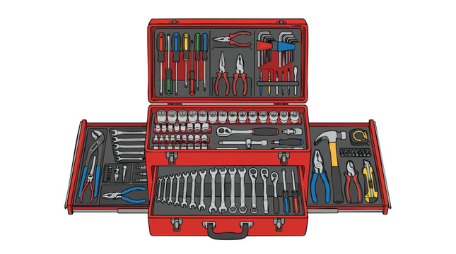 Open red toolbox with various organized tools on a plain white background, showcasing wrenches, pliers, and screwdrivers.