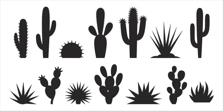 Collection of black silhouettes of various desert cacti and succulents cactus plant