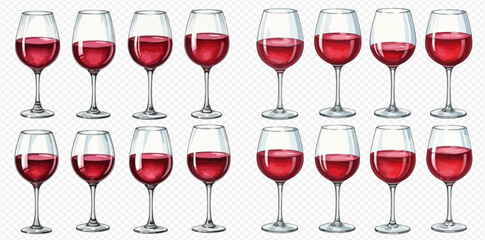 Naklejka premium Collection of red wine glasses with varying fill levels on a transparent background.