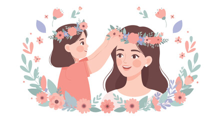 Fototapeta premium Illustration of a woman placing a floral crown on another woman's head with colorful flowers and leaves in a whimsical flat lay composition against a white background with a playful and