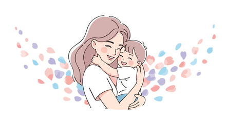 Obraz premium Illustration of a smiling woman hugging a baby against a colorful background of abstract shapes.