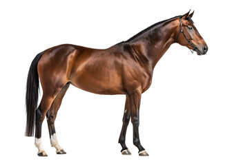 Naklejka premium Majestic Brown Horse in Profile: A stunning profile of a sleek, brown horse stands in elegant poise, showcasing its muscular physique and graceful form. isolated on a Transparent background