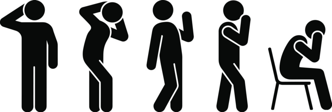 Five black stick figure icons showing different human emotions and poses Keywords: stick figure, person, human, icon, symbol