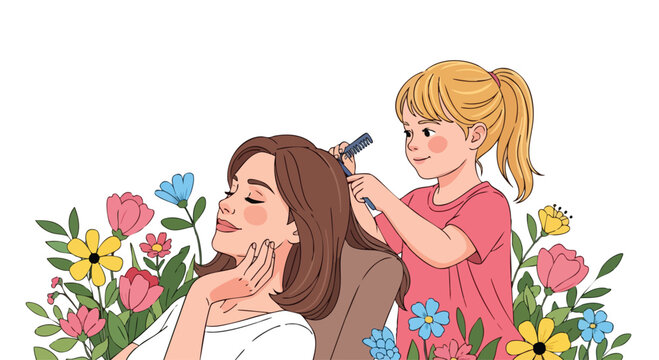 A young girl combing a woman's hair with flowers around them in a colorful flat illustration.