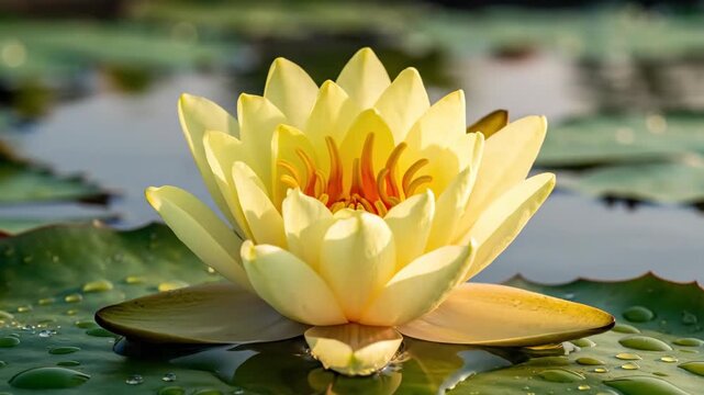 Beautiful Yellow Lotus Flower Blooming in a Serene Pond, a Timelapse Visual