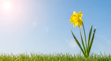 Sunlit view of a solitary daffodil blooming in green grass beneath a clear blue sky, captured as peaceful nature photography © buk