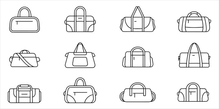 Collection of twelve outline icons of various duffel bags and travel bags luggage