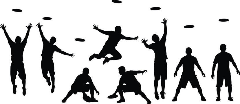 Silhouette illustration of people playing Frisbee in dynamic poses with discs in motion symbolizing recreation, fitness, and outdoor sports for athletic and lifestyle design projects