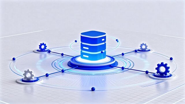 Blue server tower with connected gears