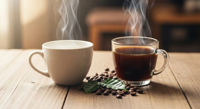Two cups of coffee with steam and coffee beans.