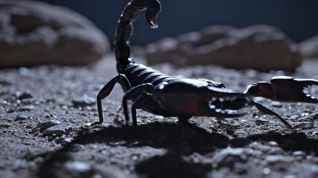 Black scorpion in a desert environment, close-up with a curved tail, crawling on pebbles