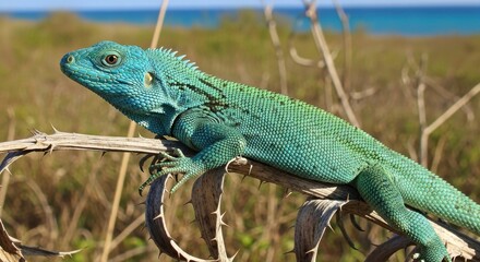 Fototapeta premium Vibrant Blue Iguana basking in the Caribbean sun.