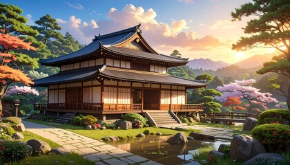 Naklejka premium A serene Asian-style house with a pond and trees