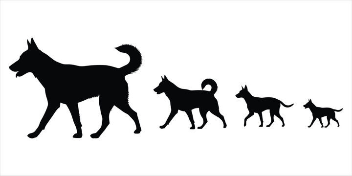 Black silhouettes of five dogs of varying sizes walking from left to right canine animal