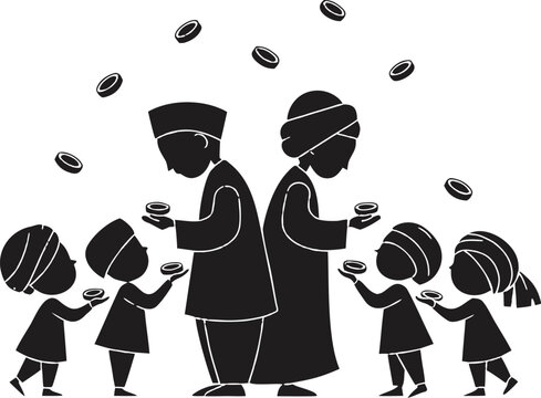 Muslim children receiving Eidi money from elders during joyful Eid celebration cultural Islamic festival silhouette vector illustration