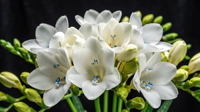 Close-up of white Freesia flowers blooming in a timelapse, isolated on a black background