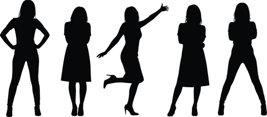 Woman silhouette pose collection showing standing, dancing, confident female figures isolated set for lifestyle, fashion and body language illustration © PROTAP