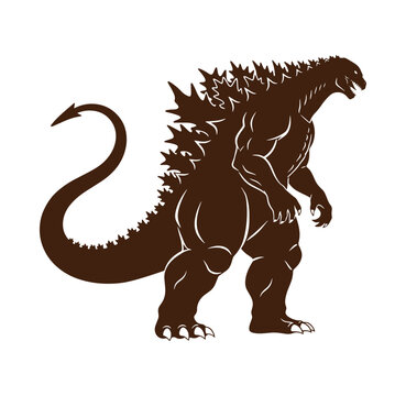Brown Godzilla monster standing on two legs with tail and spikes on back profile view