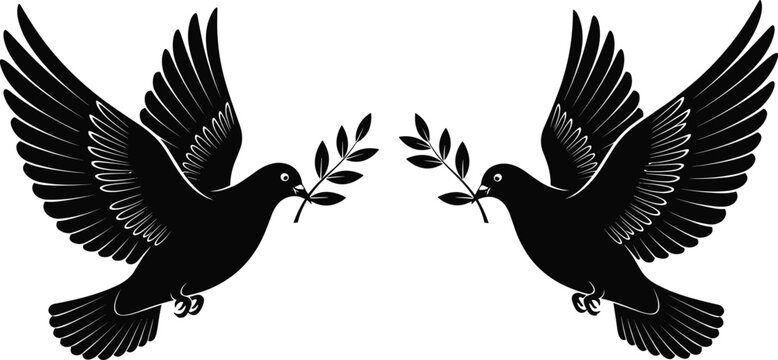 Silhouette illustration of two doves holding olive branches symbolizing peace, harmony, reconciliation, and goodwill for cultural, religious, and social design projects