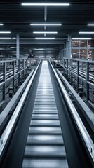 Obraz premium Conveyor belt system in modern warehouse with industrial lighting