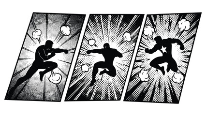 Black and white comic strip illustrations depicting dynamic superhero action scenes with explosive effects and motion © Ajoy