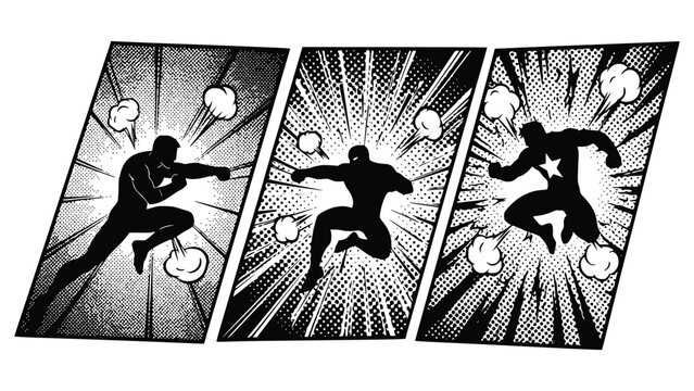 Black and white comic strip illustrations depicting dynamic superhero action scenes with explosive effects and motion