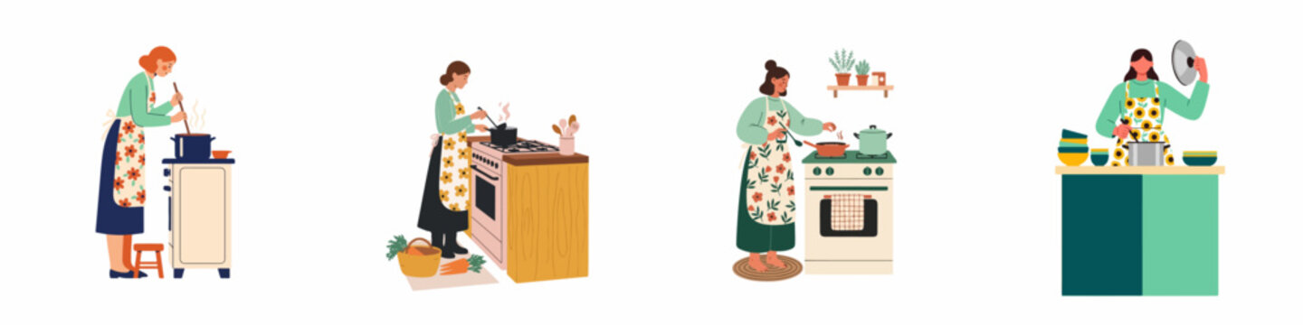 Set of diverse women in floral aprons cooking delicious healthy meals in various cozy kitchen settings, flat vector illustration.