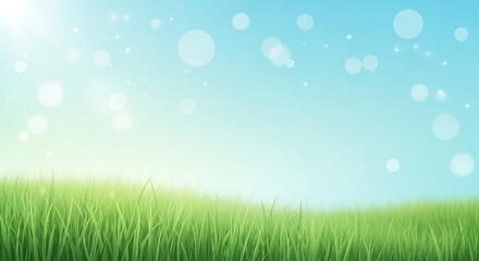Obraz premium Green grass sways gently under sunny blue sky with white bubbles floating freely outdoors.