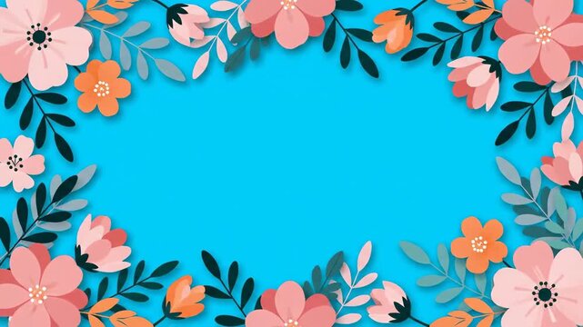Beautiful Floral Border with Pink and Orange Flowers on a Vibrant Blue Background, Perfect for Spring or Summer Designs