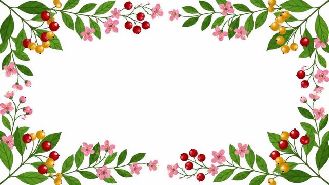 A delicate border of pink flowers and red and yellow berries, evoking a sense of natural beauty and springtime