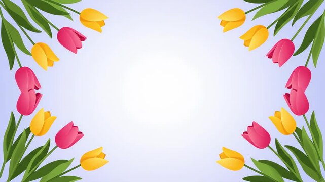 Corner frame of vibrant pink and yellow tulips with green leaves against a soft gradient background, perfect for spring or floral themed designs